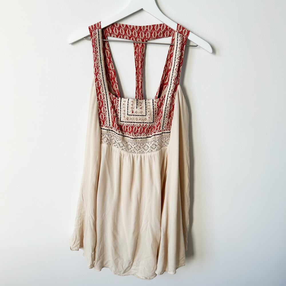 Aakaa Tunic Top Size L Mini Dress Cream Boho Embroidered Festival Babydoll